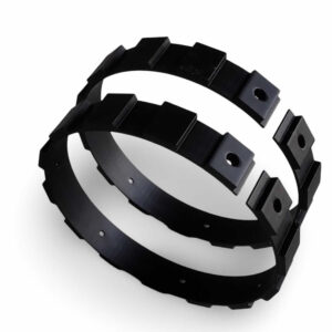 Black Green Gripper lawn mower wheel attachments, showing two circular bands with protruding teeth and attachment holes.